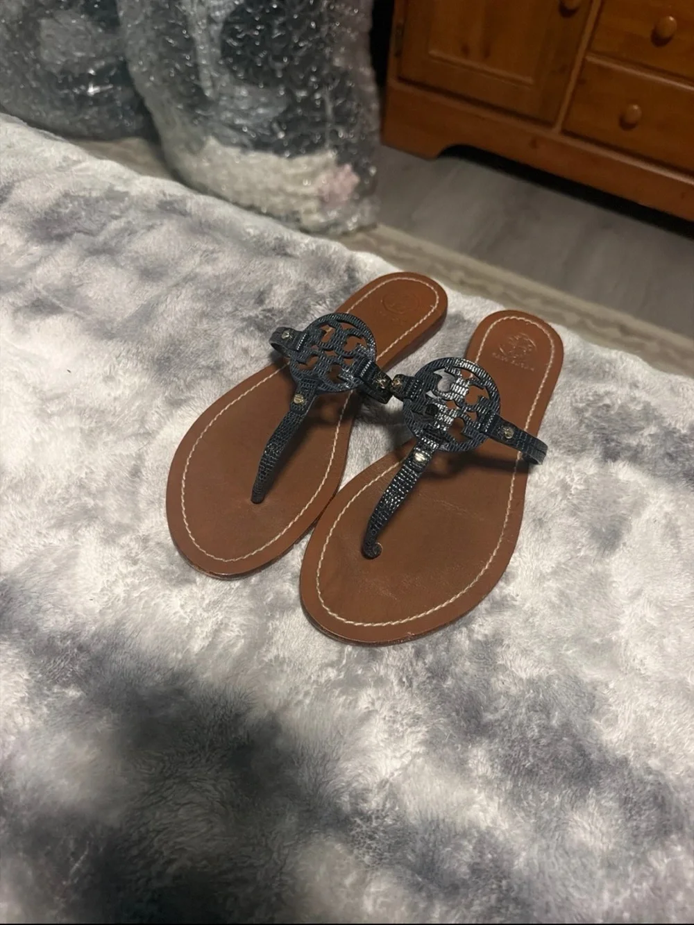 Tory Burch black leather Miller Logo Thong Sandals